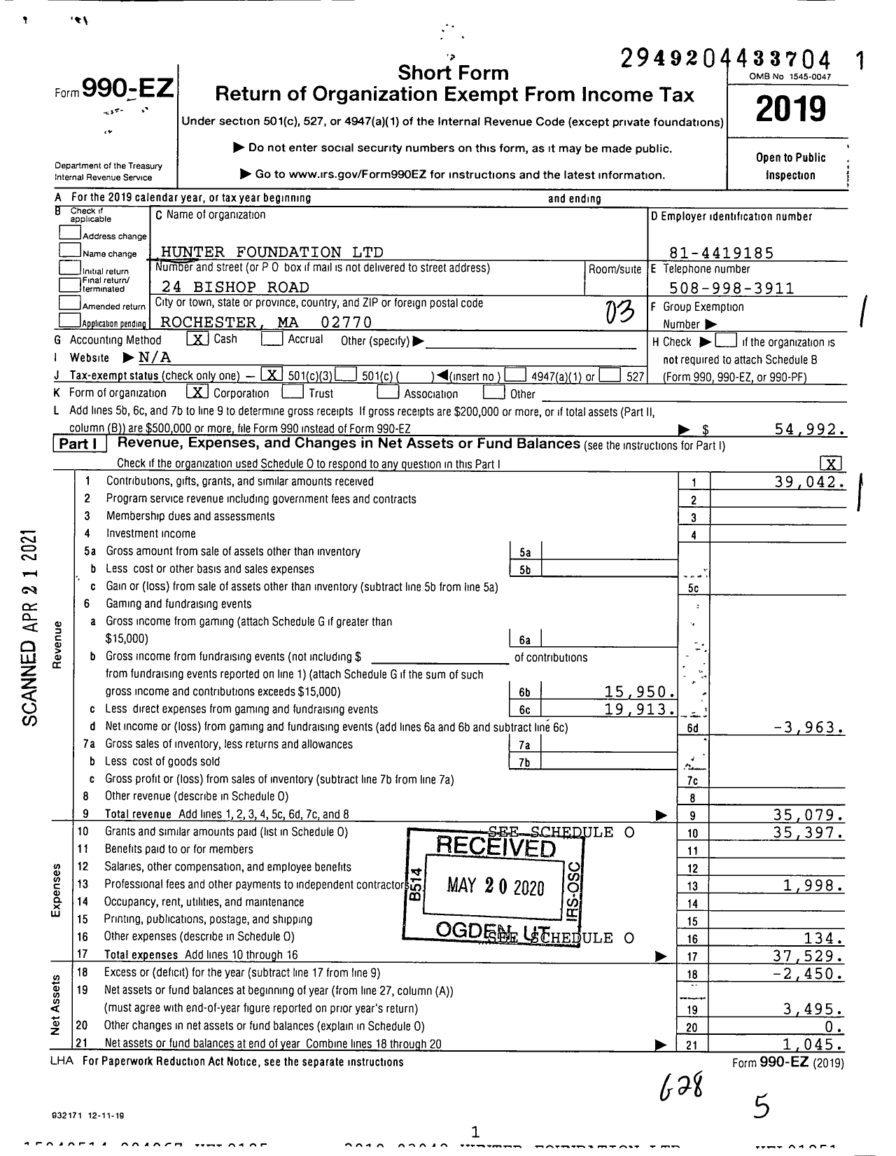 Image of first page of 2019 Form 990EZ for Hunter Foundation