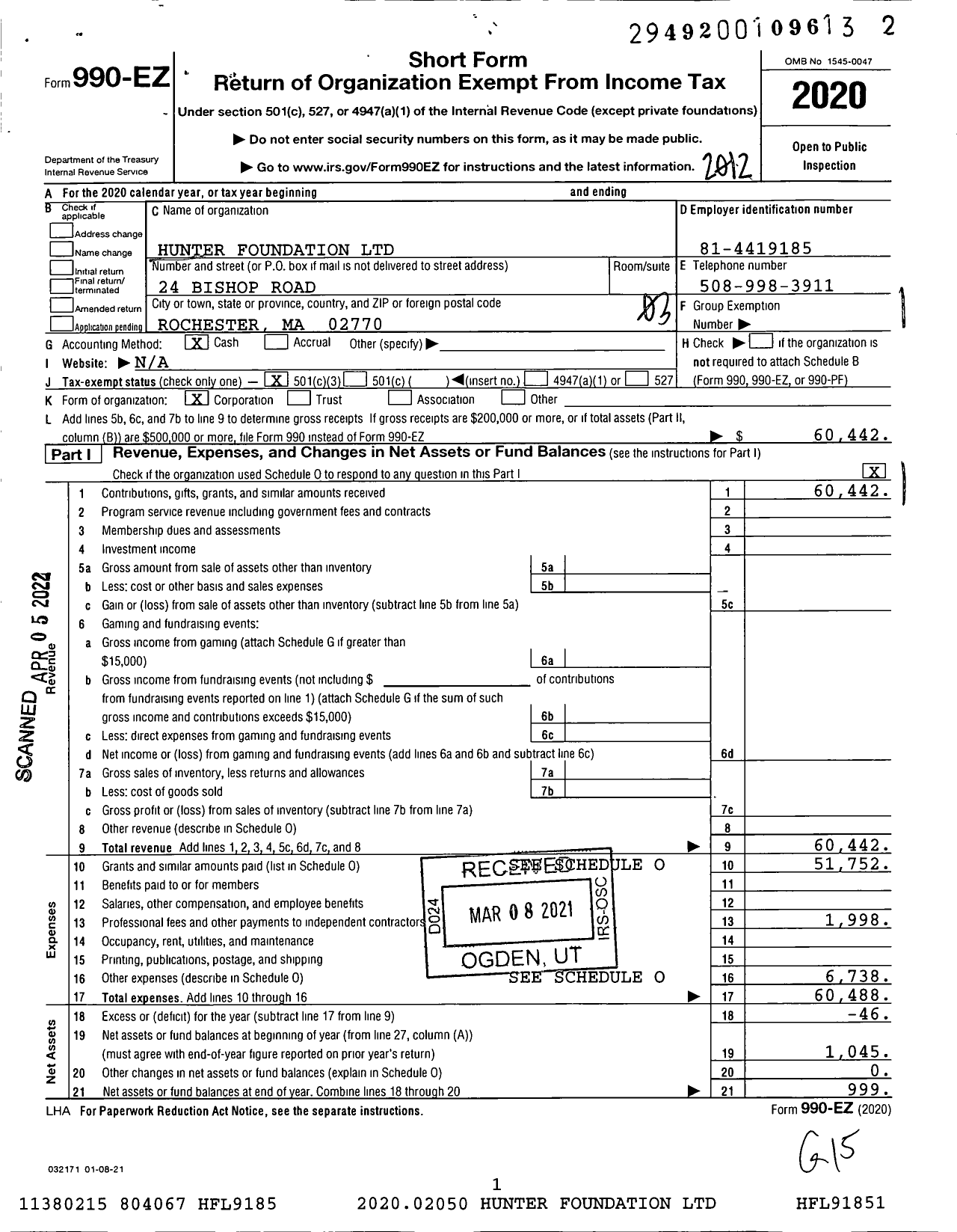 Image of first page of 2020 Form 990EZ for Hunter Foundation