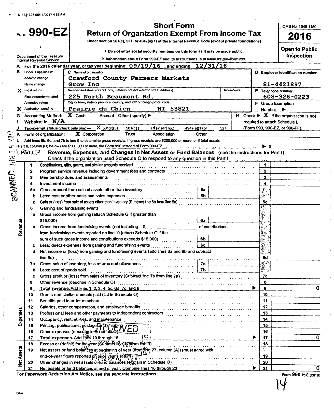 Image of first page of 2016 Form 990EZ for Crawford County Farmers Markets Grow