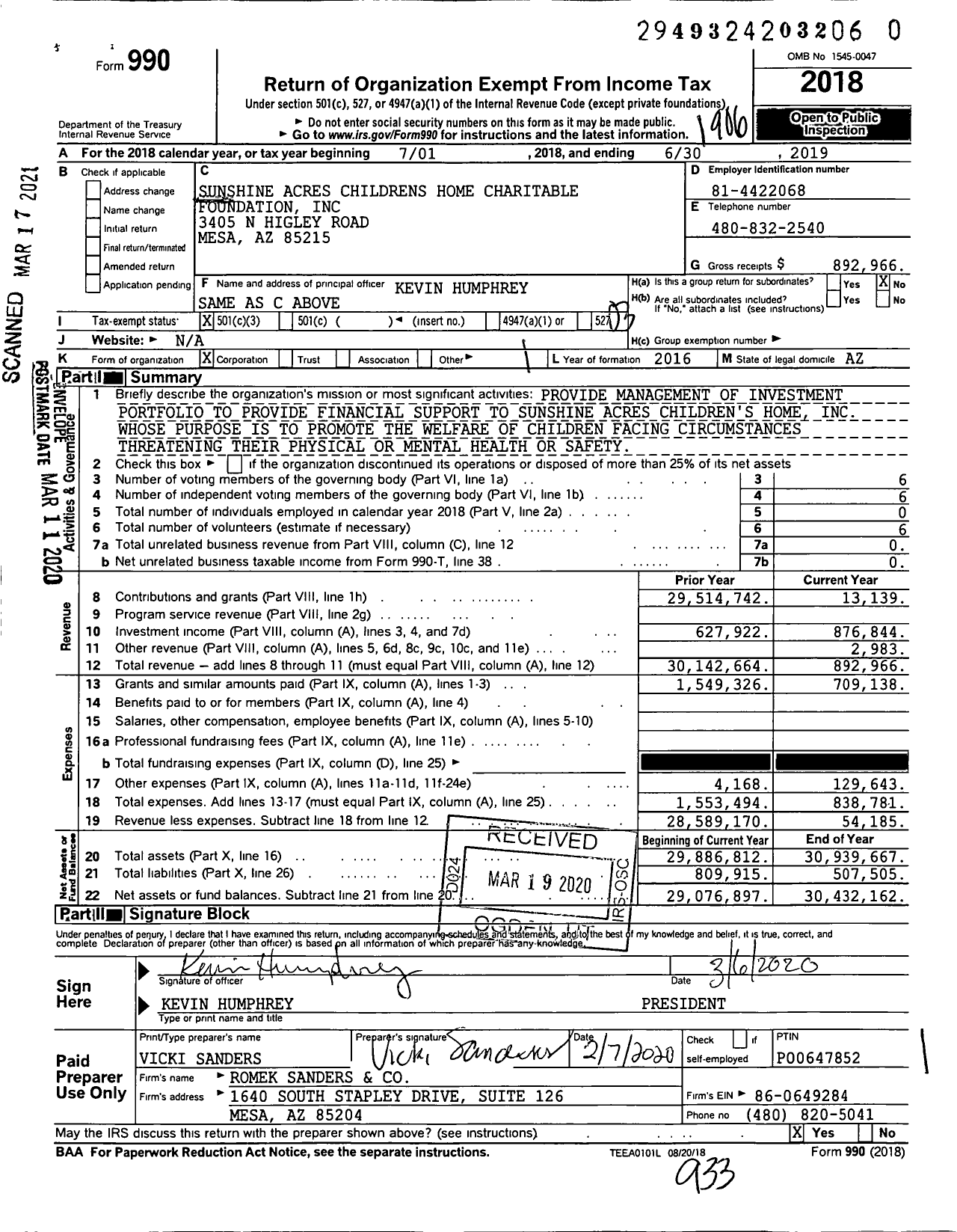 Image of first page of 2018 Form 990 for Sunshine Acres Childrens Home Charitable Foundation