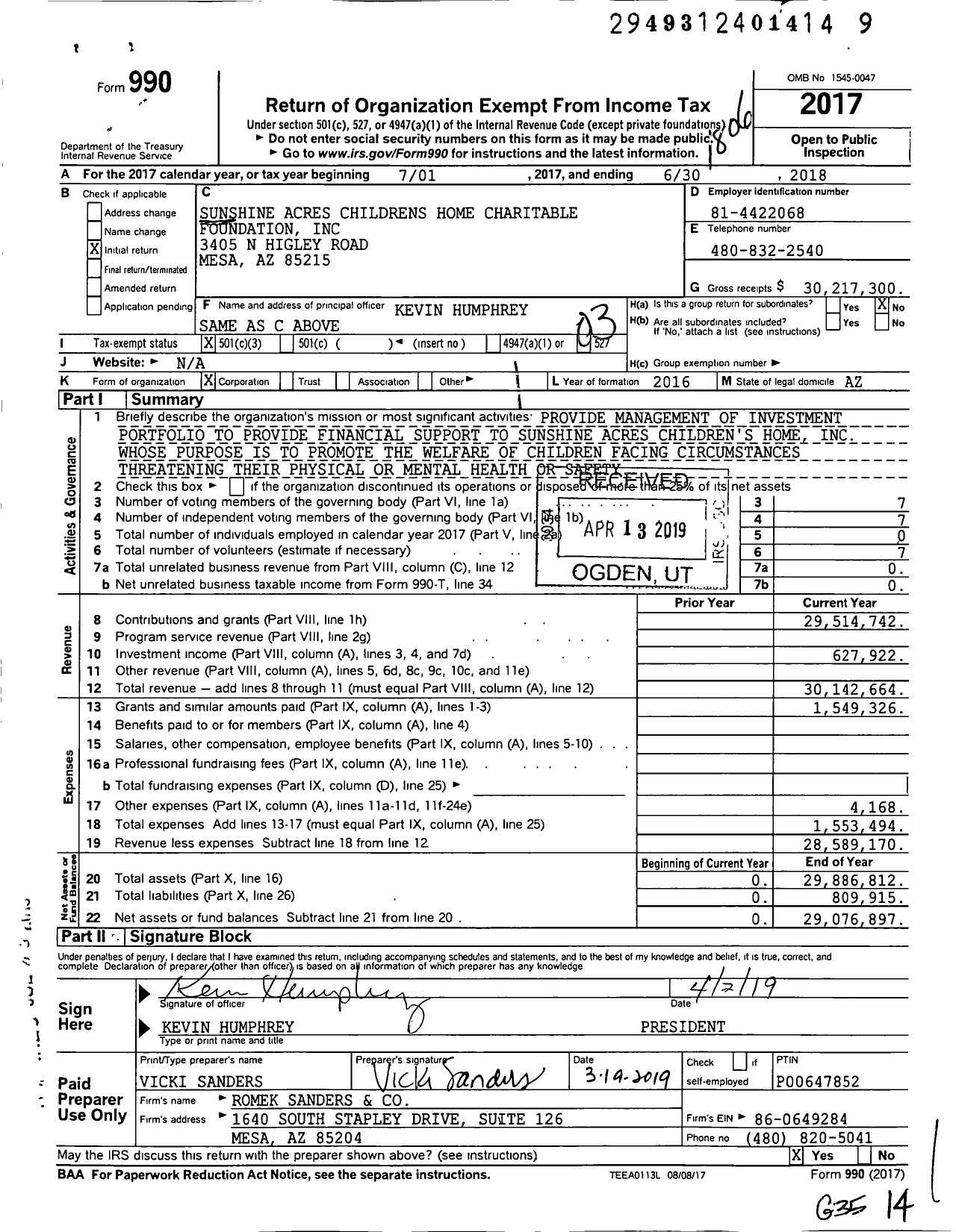 Image of first page of 2017 Form 990 for Sunshine Acres Childrens Home Charitable Foundation