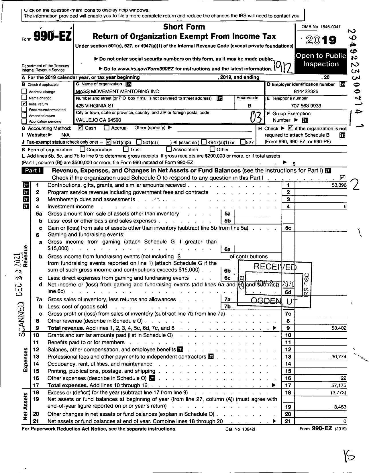 Image of first page of 2019 Form 990EZ for Mass Movement Mentoring