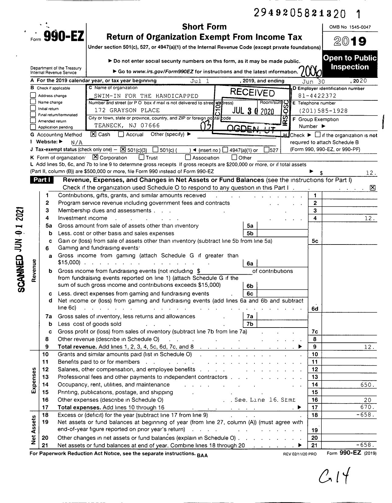 Image of first page of 2019 Form 990EZ for Swim-In for the Handicapped