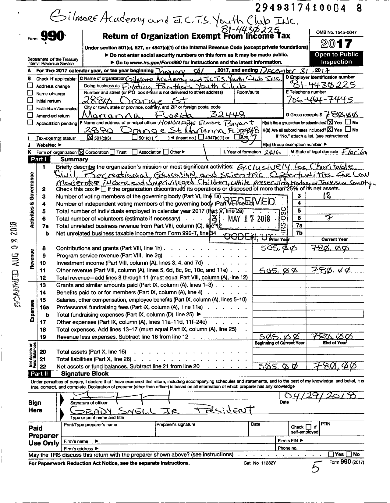 Image of first page of 2017 Form 990 for Gilmore Academy and JCTS Youth Club