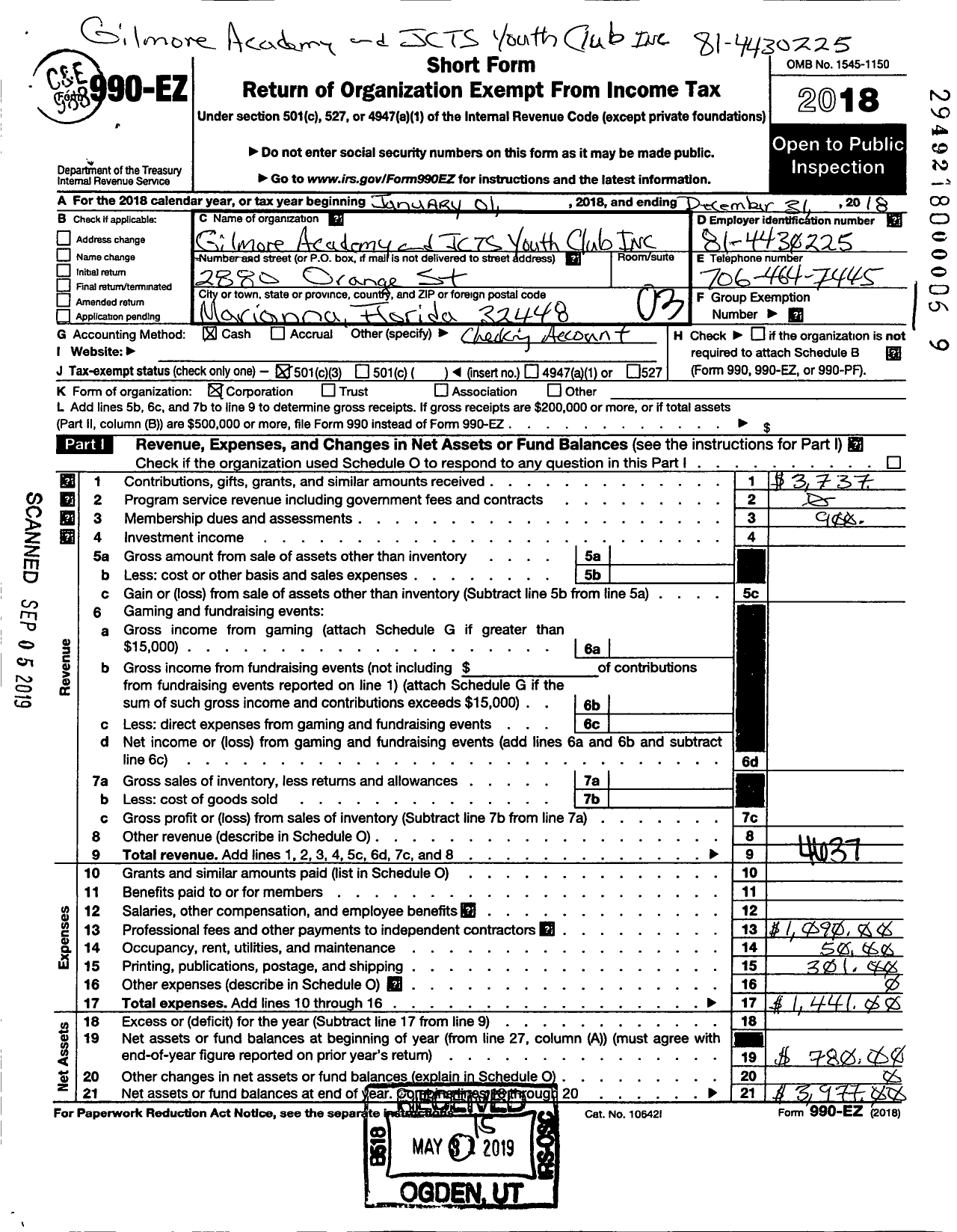 Image of first page of 2018 Form 990EZ for Gilmore Academy and JCTS Youth Club