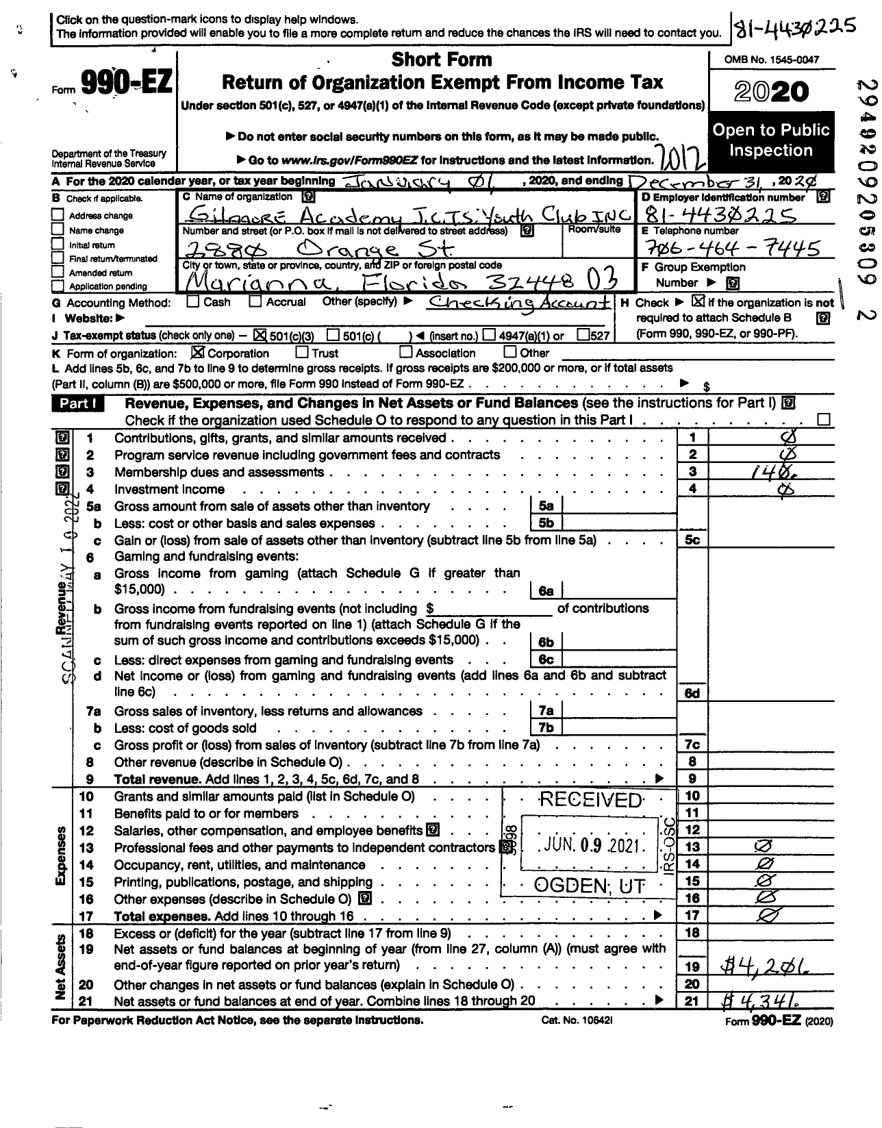 Image of first page of 2020 Form 990EZ for Gilmore Academy and JCTS Youth Club