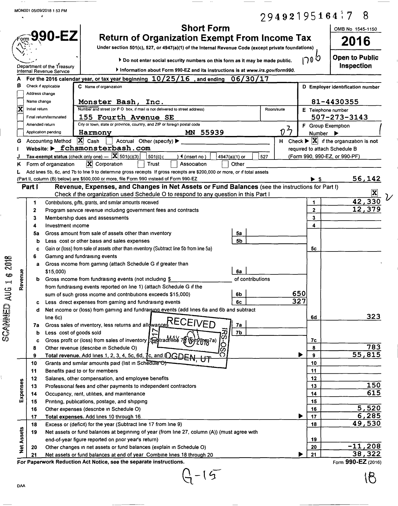 Image of first page of 2016 Form 990EZ for Monster Bash Incorporated