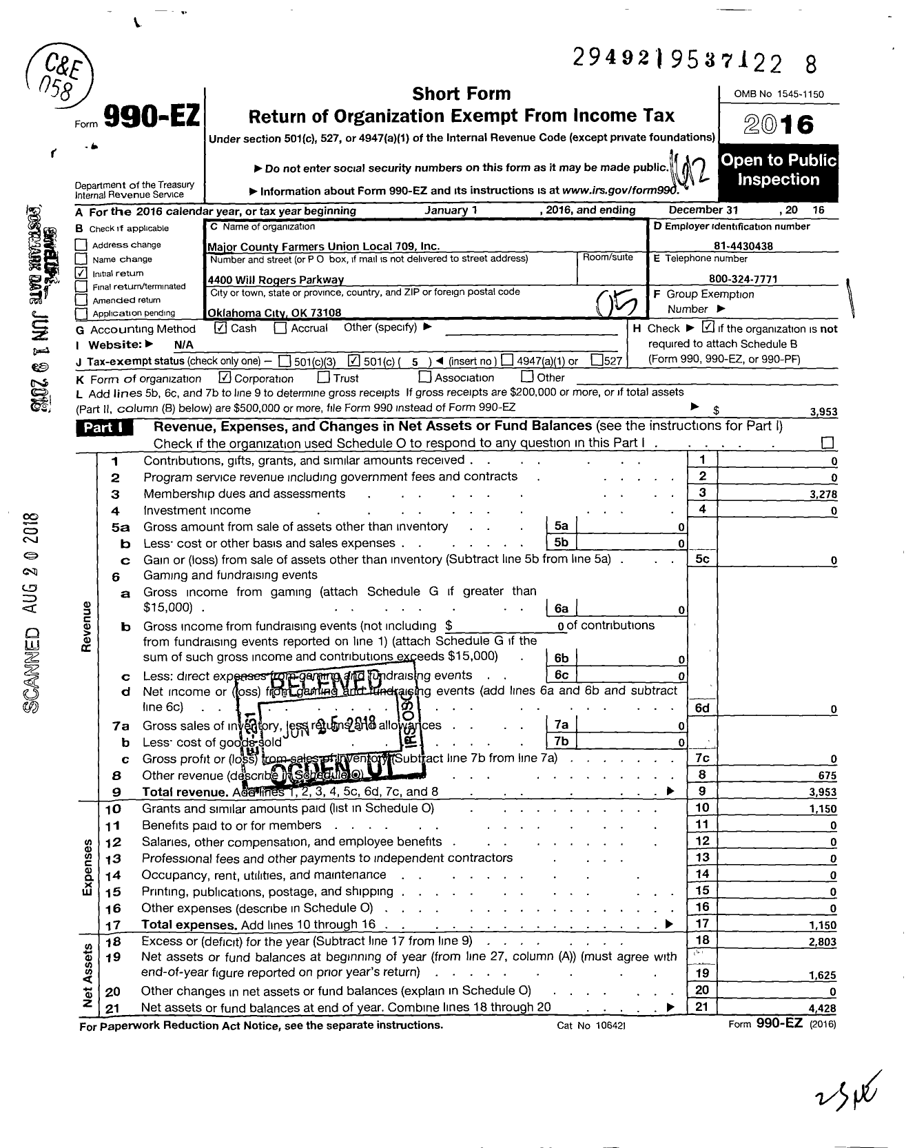 Image of first page of 2016 Form 990EO for Farmers Educational and Cooperative Union of America - 709 Major County Farmers Union Local