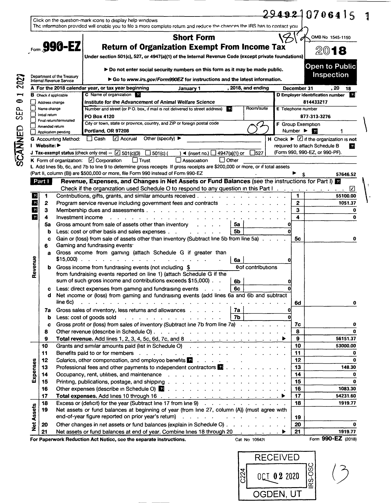 Image of first page of 2018 Form 990EZ for Institute for the Advancement of Animal Welfare Sciences