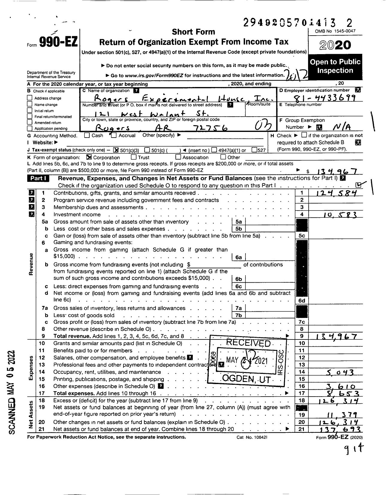 Image of first page of 2020 Form 990EZ for Rogers Experimental House