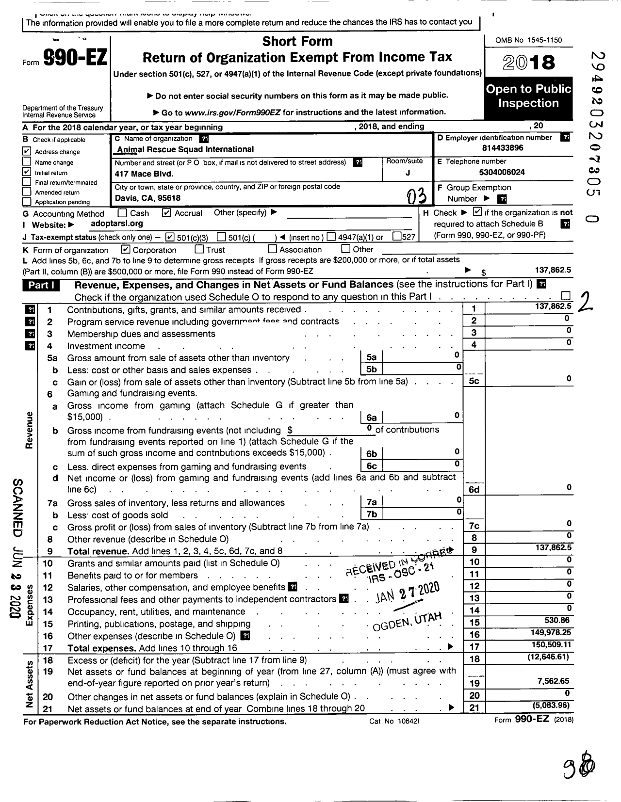 Image of first page of 2018 Form 990EZ for Animal Rescue Squad International