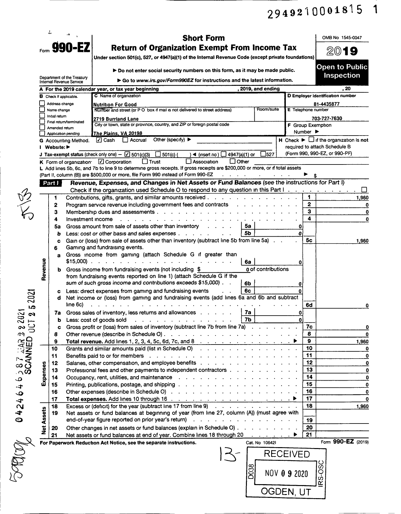 Image of first page of 2019 Form 990EZ for Nutrition for Good