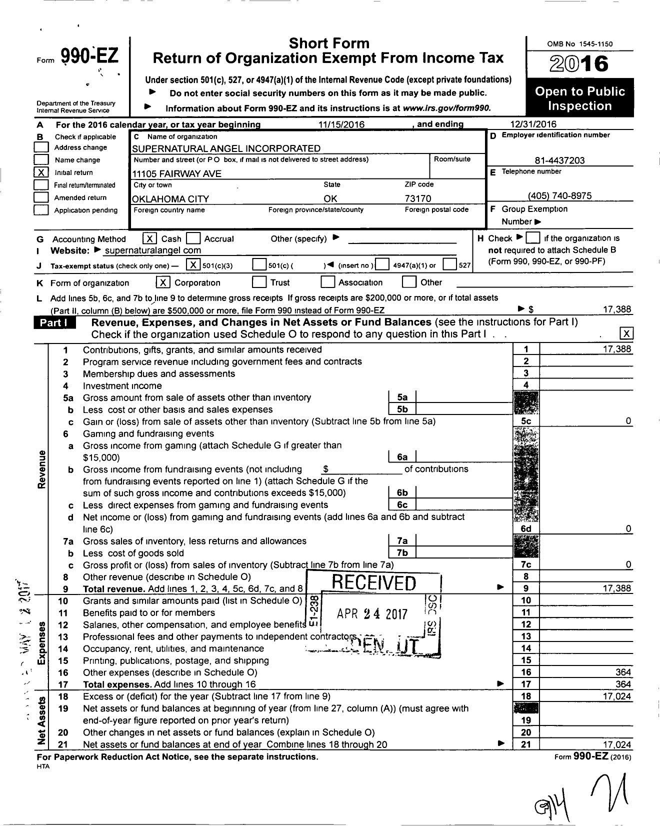 Image of first page of 2016 Form 990EZ for Supernatural Angel Incorporated