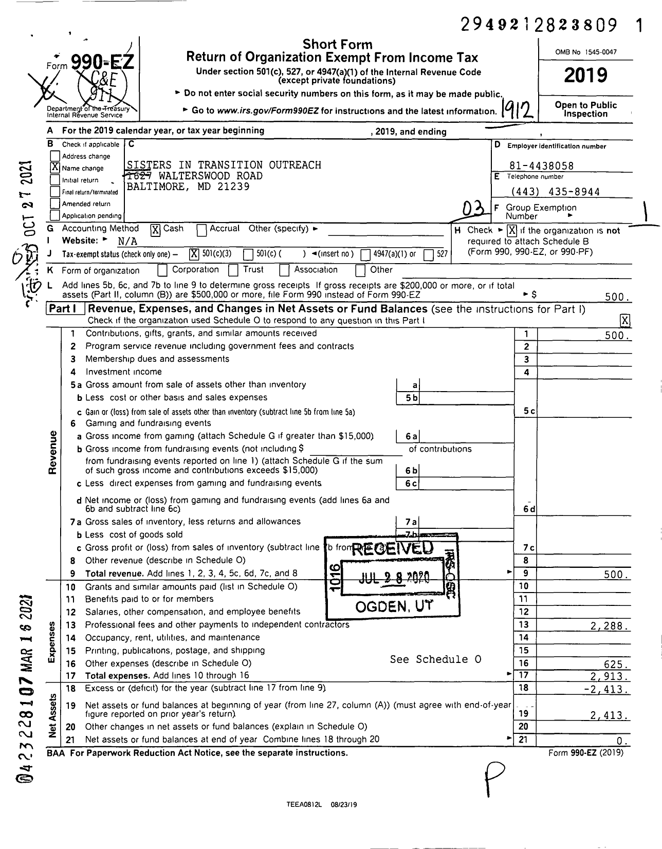 Image of first page of 2019 Form 990EZ for Sisters in Transition Outreach