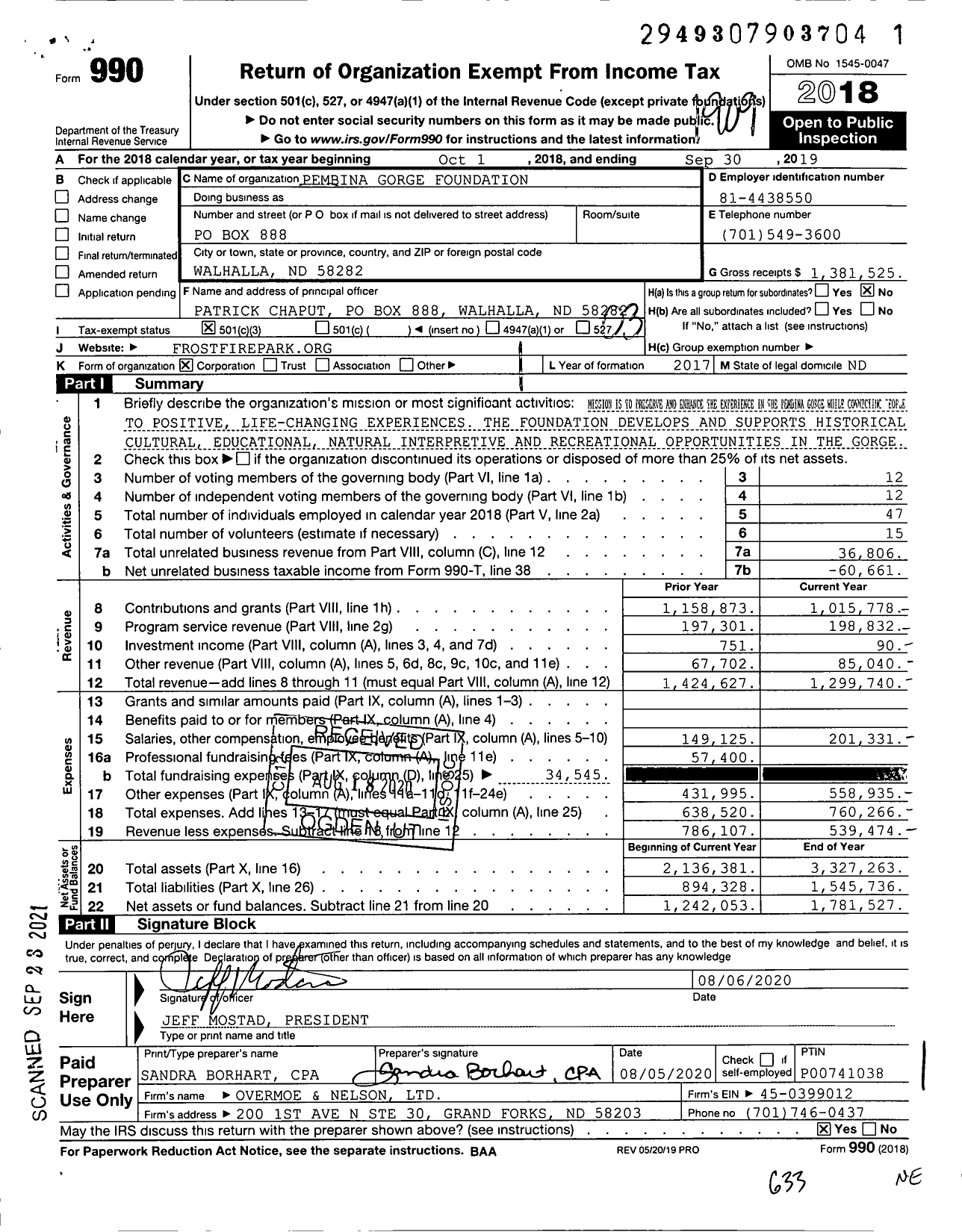 Image of first page of 2018 Form 990 for Pembina Gorge Foundation