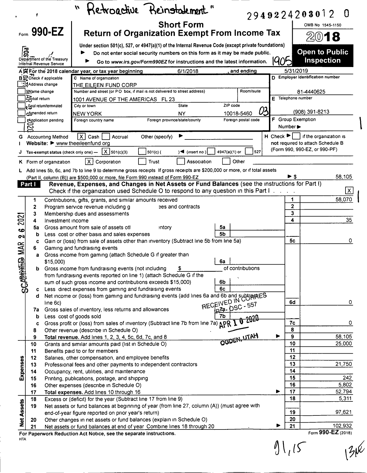 Image of first page of 2018 Form 990EZ for The Eileen Fund Corporation