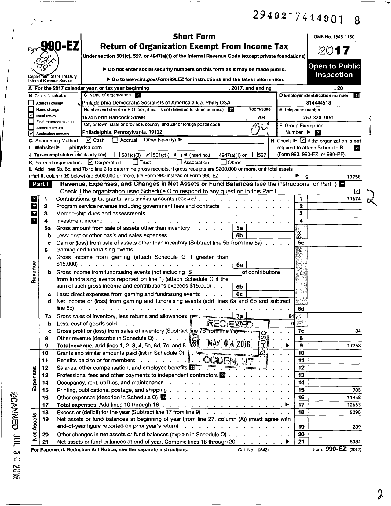 Image of first page of 2017 Form 990EO for Philadelphia Democratic Socialists of America