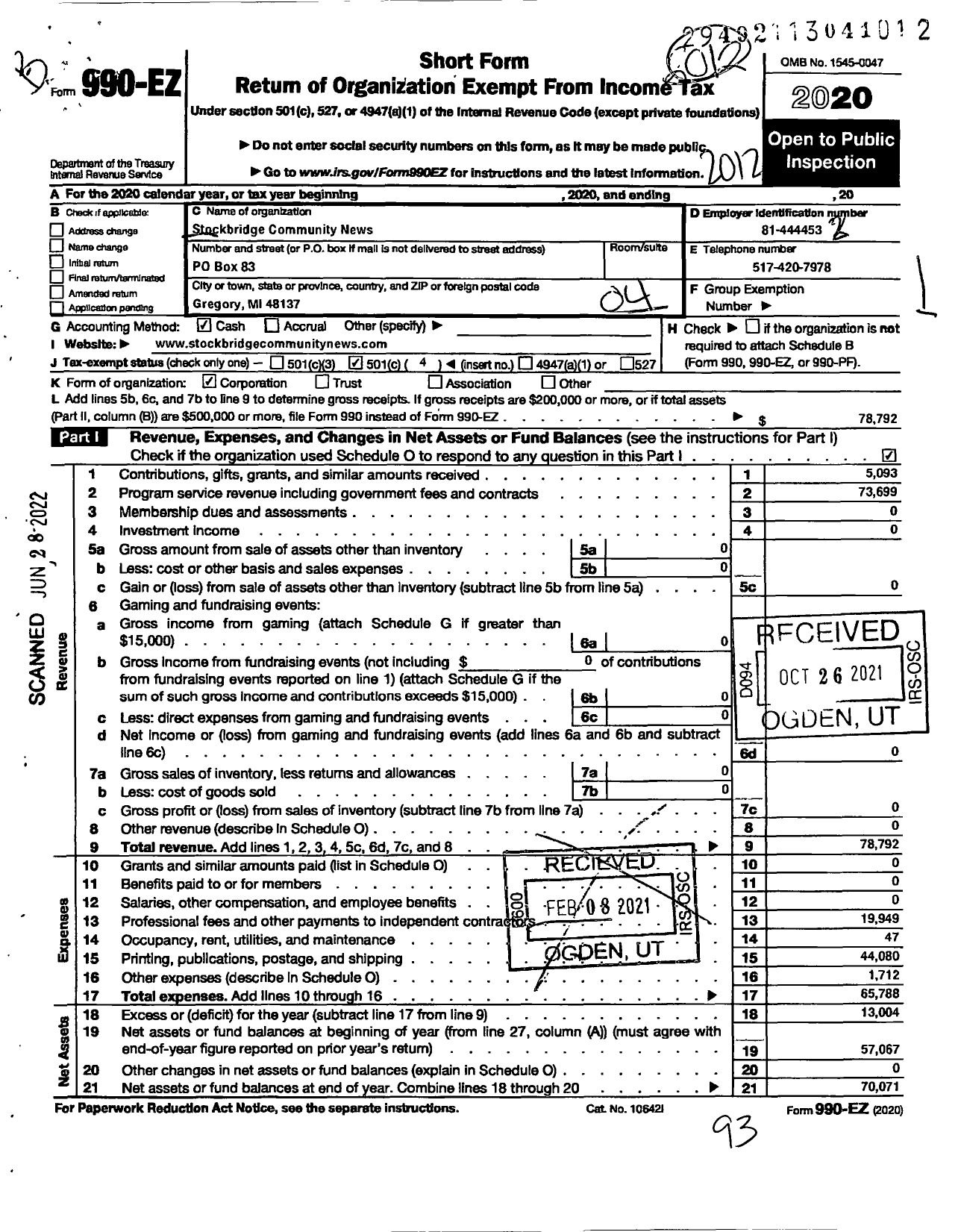 Image of first page of 2020 Form 990EO for Stockbridge Community News