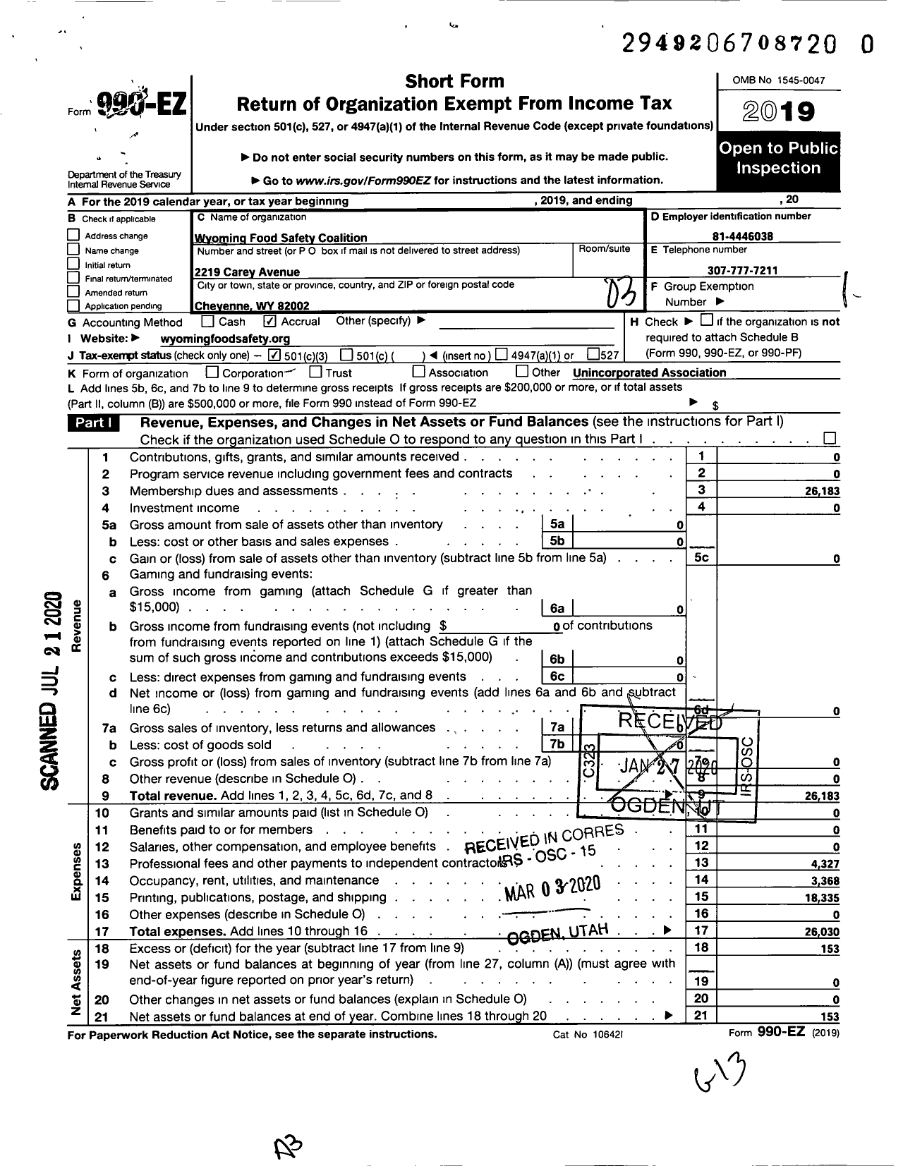 Image of first page of 2019 Form 990EZ for Wyoming Food Safety Coalition