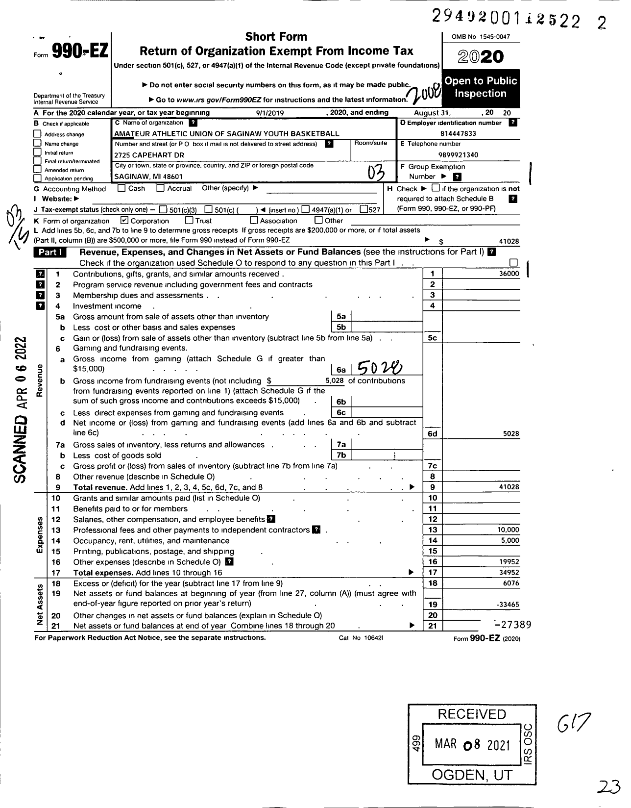 Image of first page of 2019 Form 990EZ for Amateur Athletic Union - Saginaw Youth Basketball