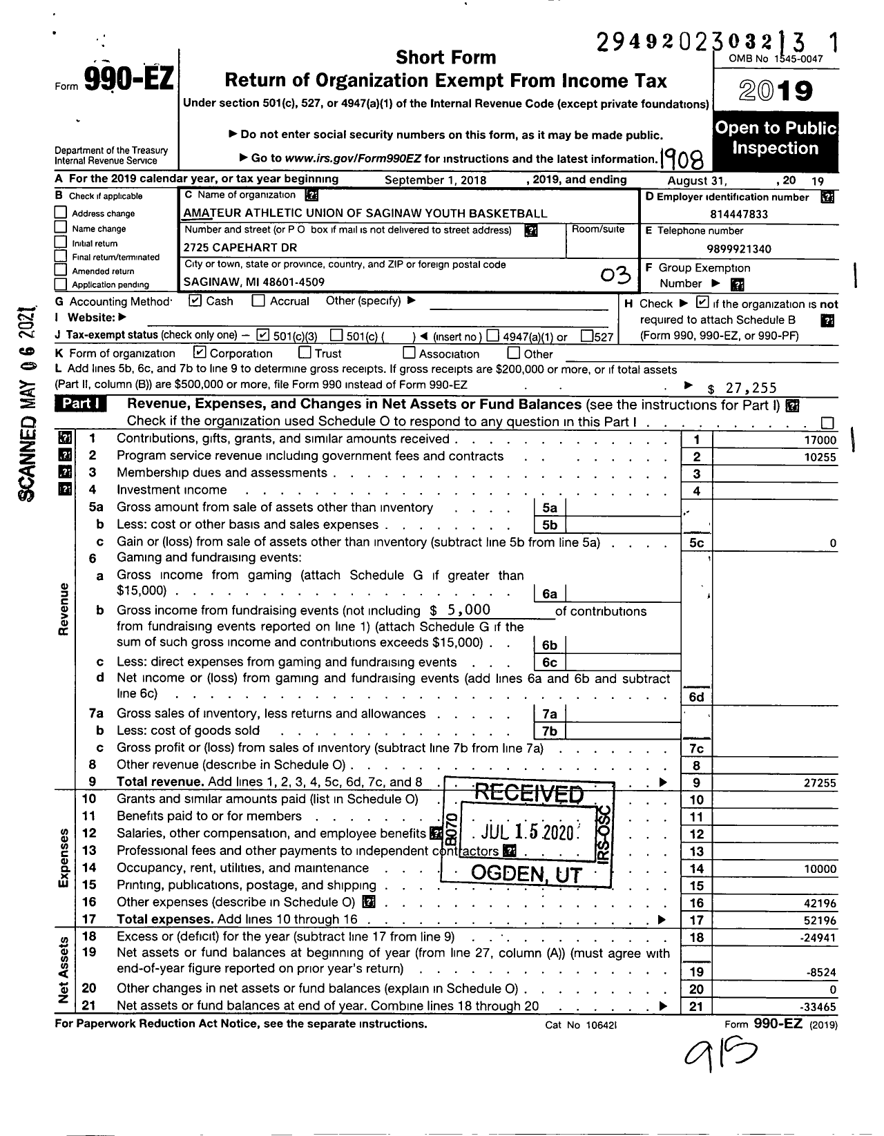 Image of first page of 2018 Form 990EZ for Amateur Athletic Union - Saginaw Youth Basketball