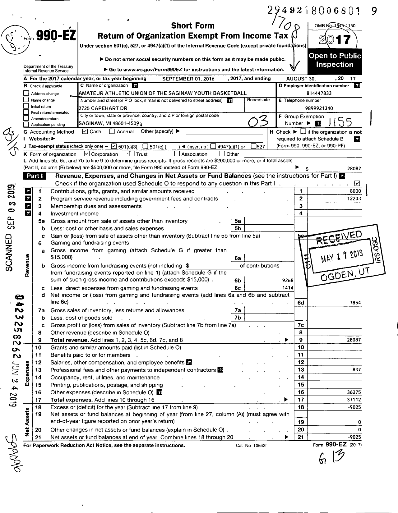 Image of first page of 2016 Form 990EZ for Amateur Athletic Union - Saginaw Youth Basketball