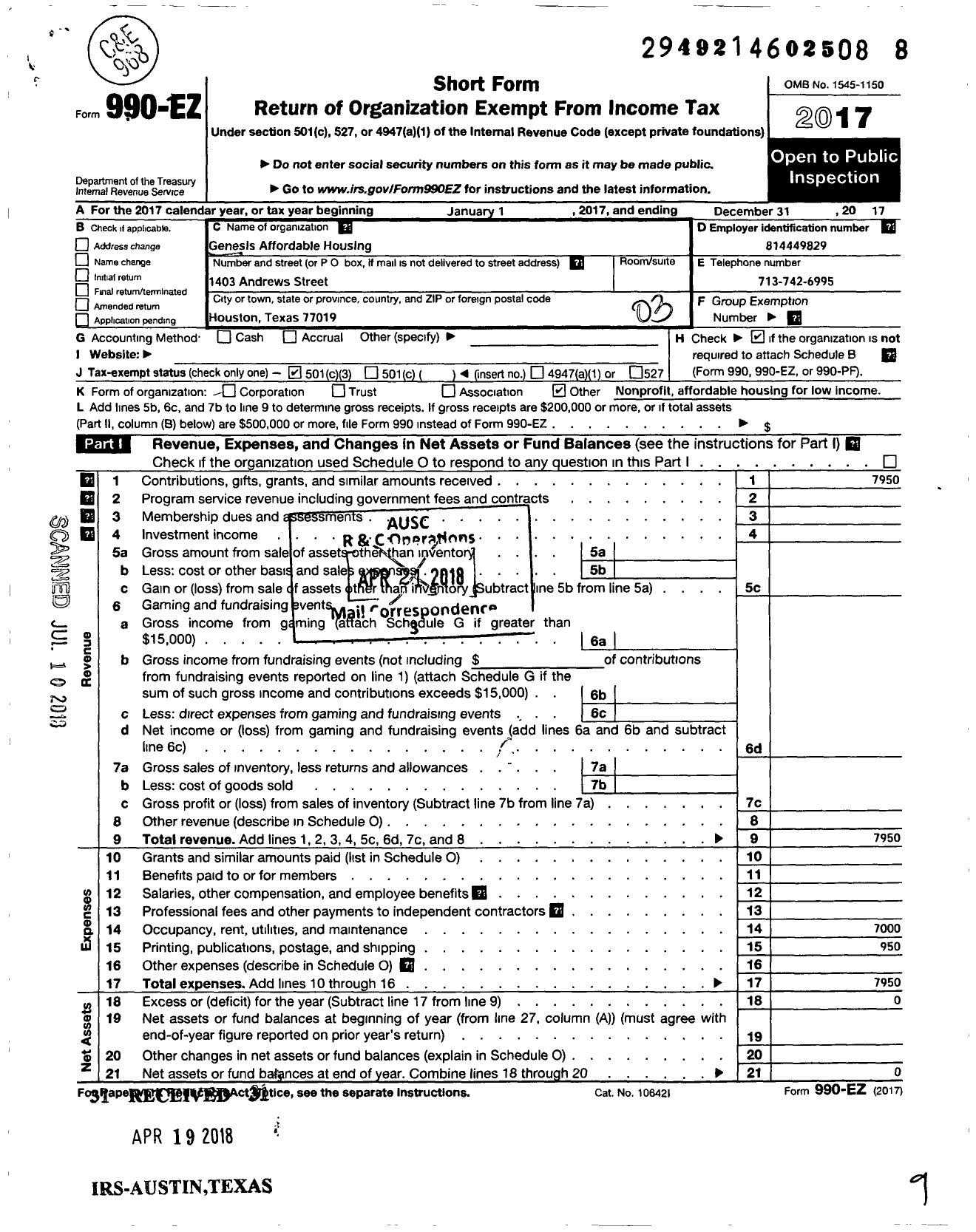 Image of first page of 2017 Form 990EZ for Genesis Affordable Housing