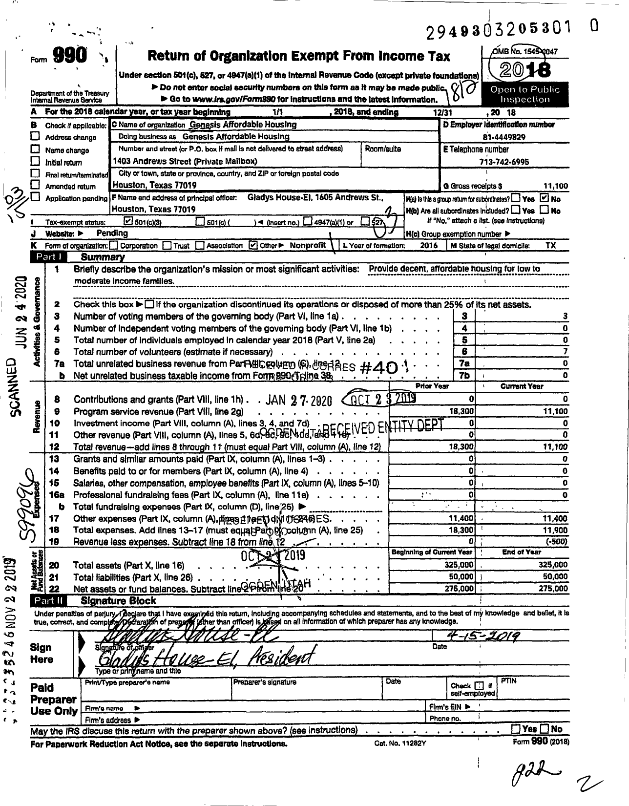 Image of first page of 2018 Form 990 for Genesis Affordable Housing