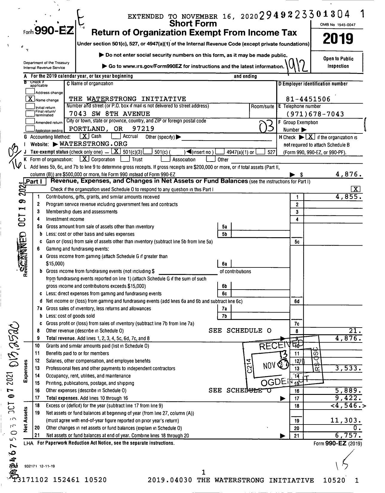 Image of first page of 2019 Form 990EZ for The Waterstrong Initiative