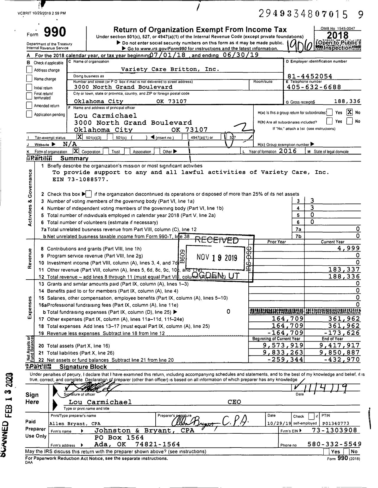 Image of first page of 2018 Form 990 for Variety Care Britton