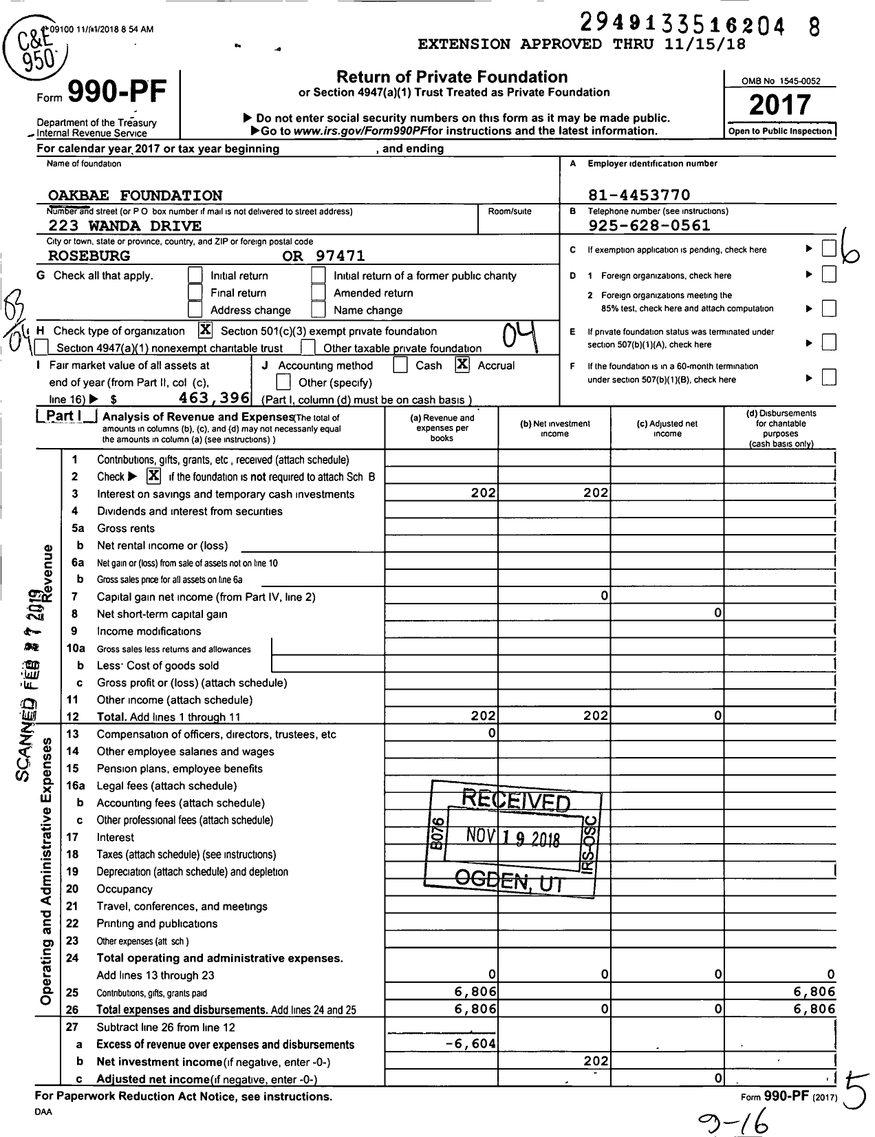 Image of first page of 2017 Form 990PF for Oakbae Foundation