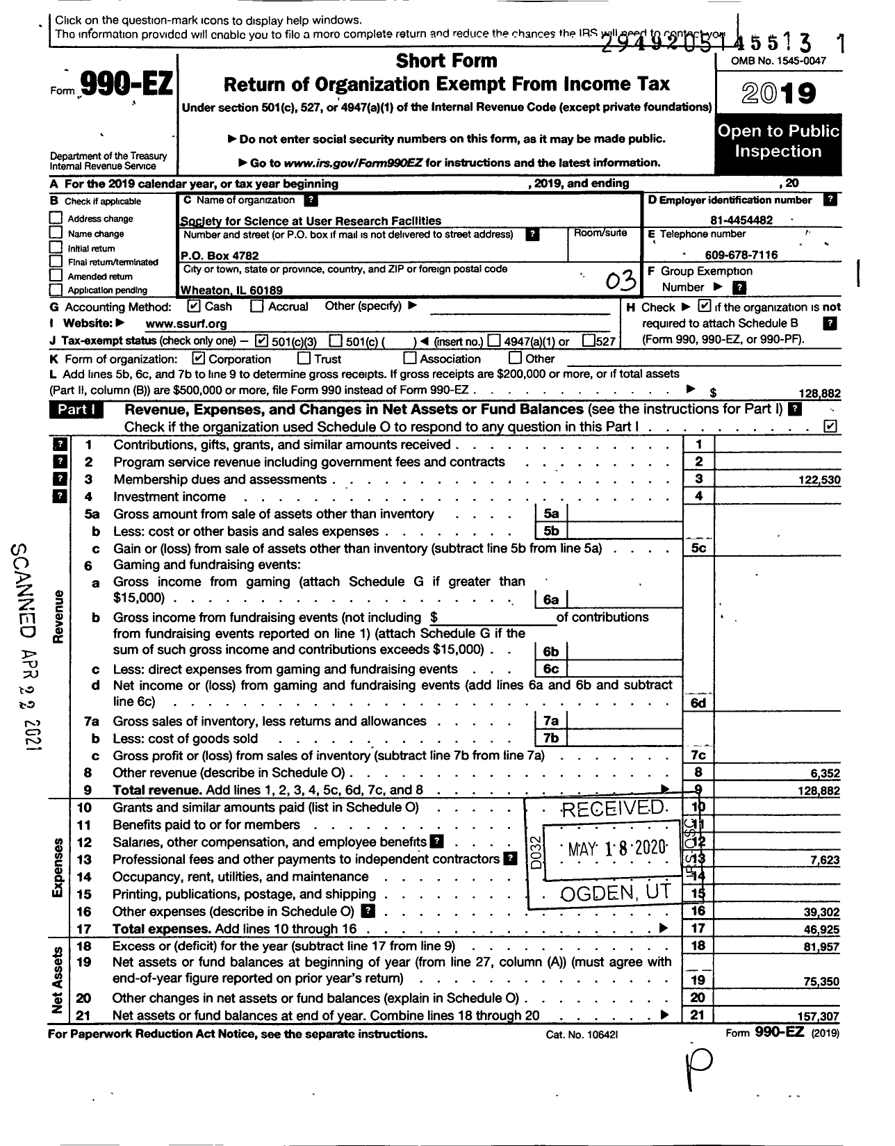 Image of first page of 2019 Form 990EZ for Society for Science at User Research Facilities (SSURF)