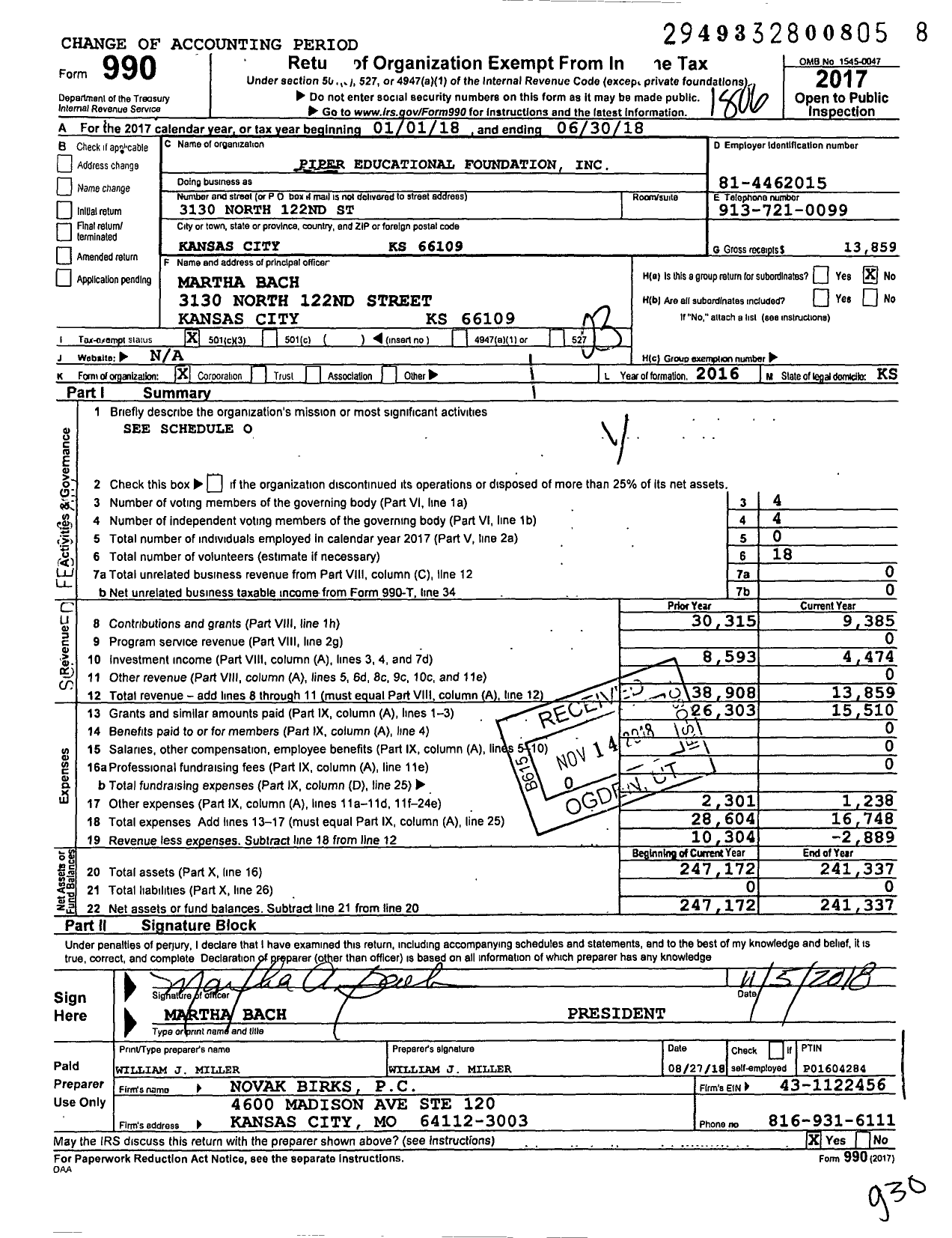 Image of first page of 2017 Form 990 for Piper Educational Foundation