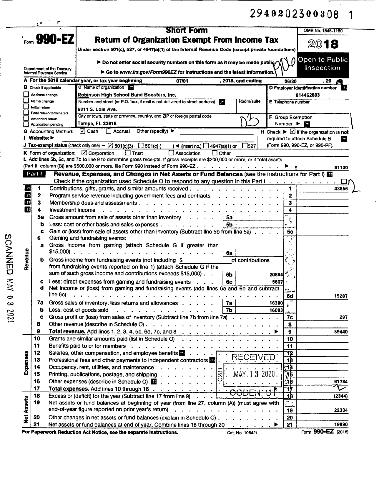 Image of first page of 2018 Form 990EZ for Robinson High School Band Boosters