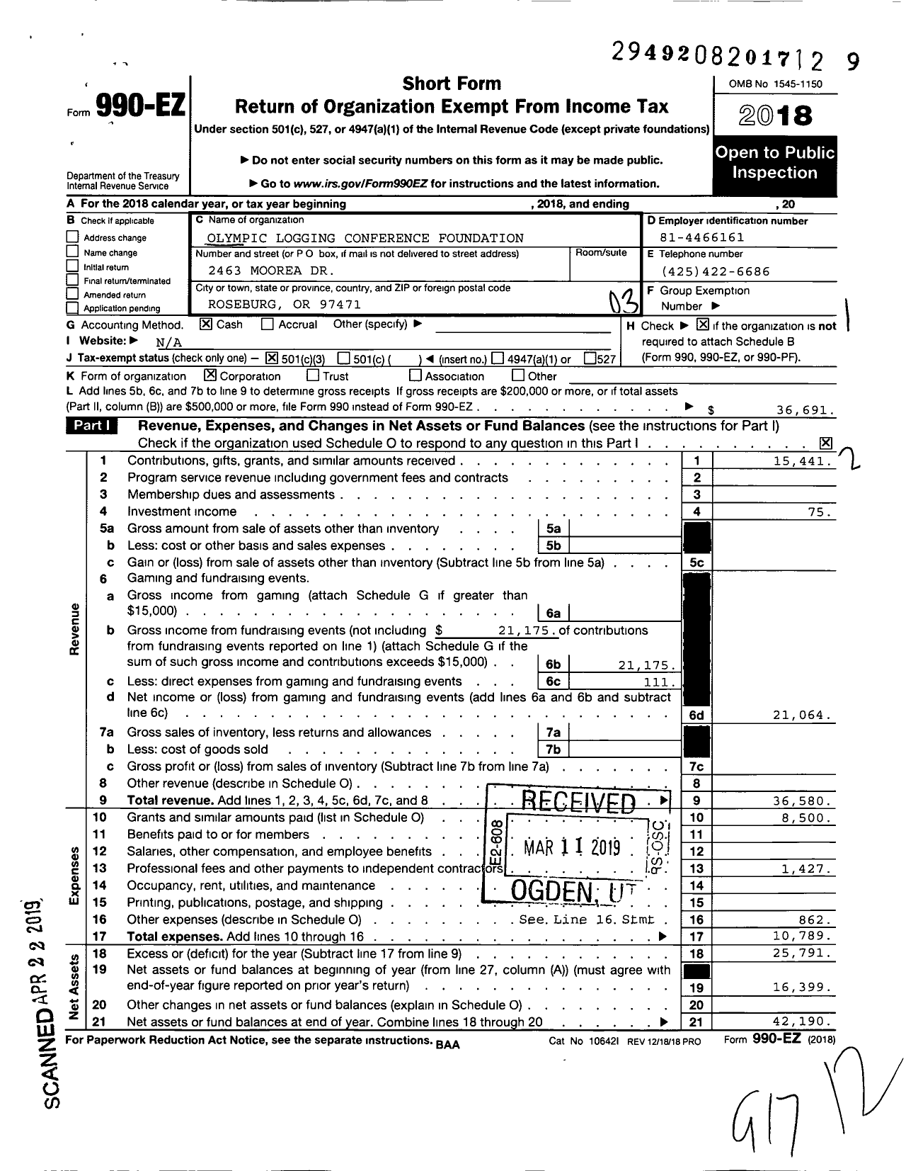 Image of first page of 2018 Form 990EZ for Olympic Logging Conference Foundation