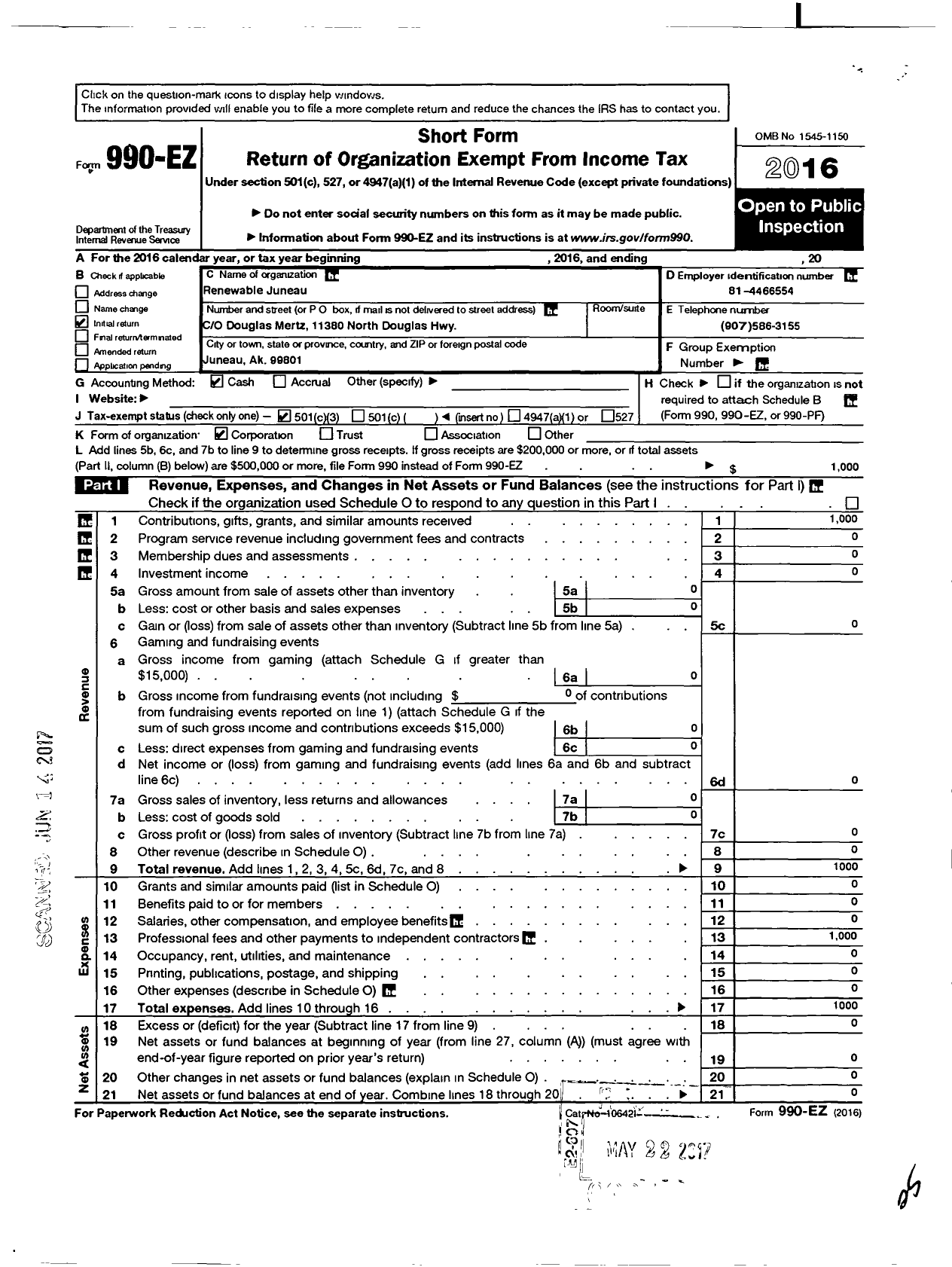 Image of first page of 2016 Form 990EZ for Renewable Juneau