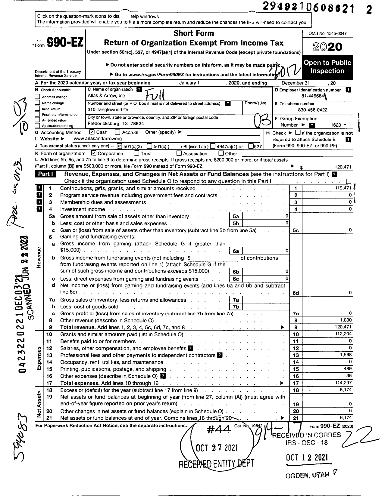 Image of first page of 2020 Form 990EZ for Full Gospel Fellowship of Churches and Ministers International / Atlas & Arrow Inc