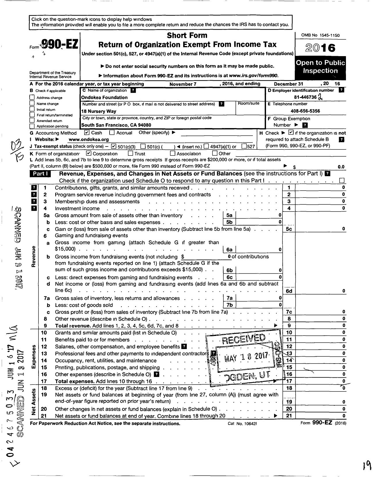 Image of first page of 2016 Form 990EZ for Ondokea Foundation