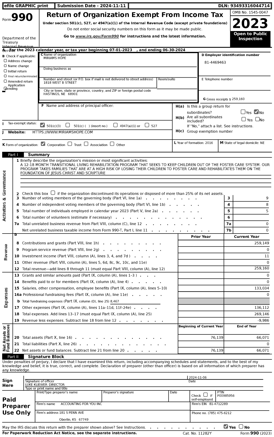 Image of first page of 2023 Form 990 for Miriams Hope