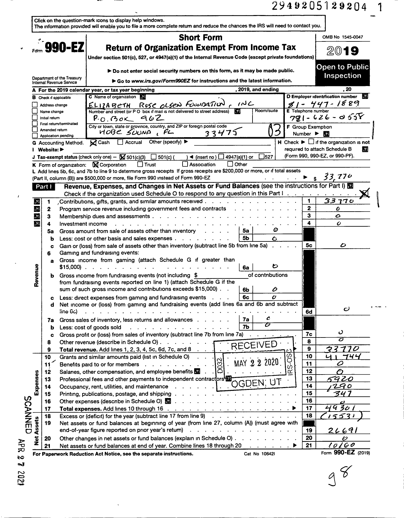 Image of first page of 2019 Form 990EZ for Elizabeth Rose Olsen Foundation