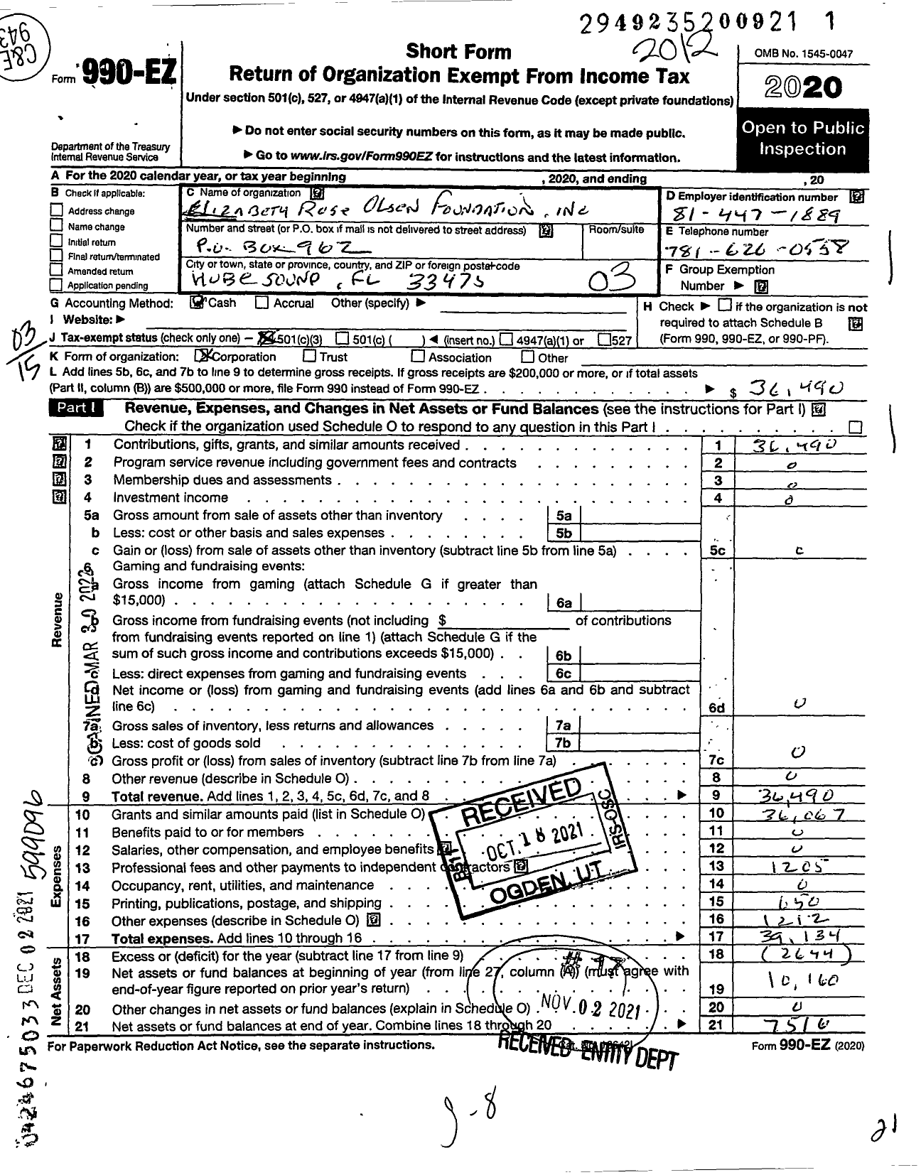 Image of first page of 2020 Form 990EZ for Elizabeth Rose Olsen Foundation