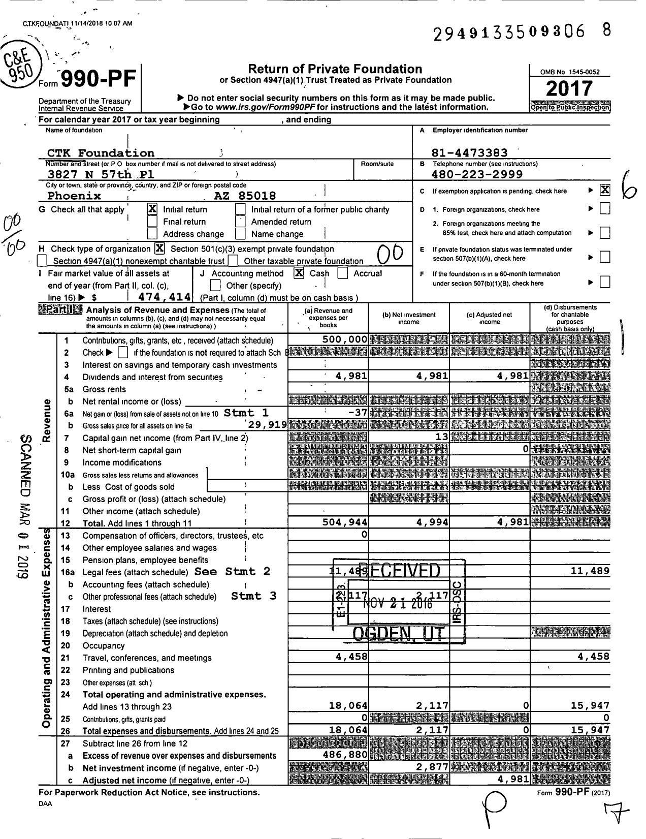 Image of first page of 2017 Form 990PF for Cta Foundation Cta Foundation