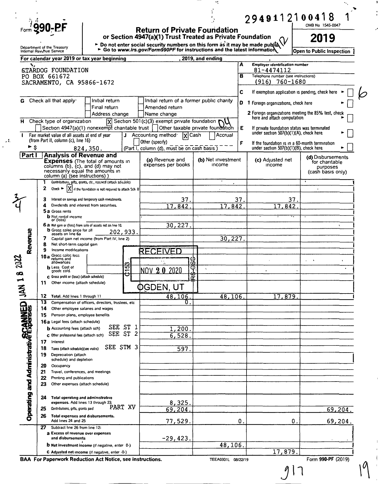 Image of first page of 2019 Form 990PF for Stardog Foundation