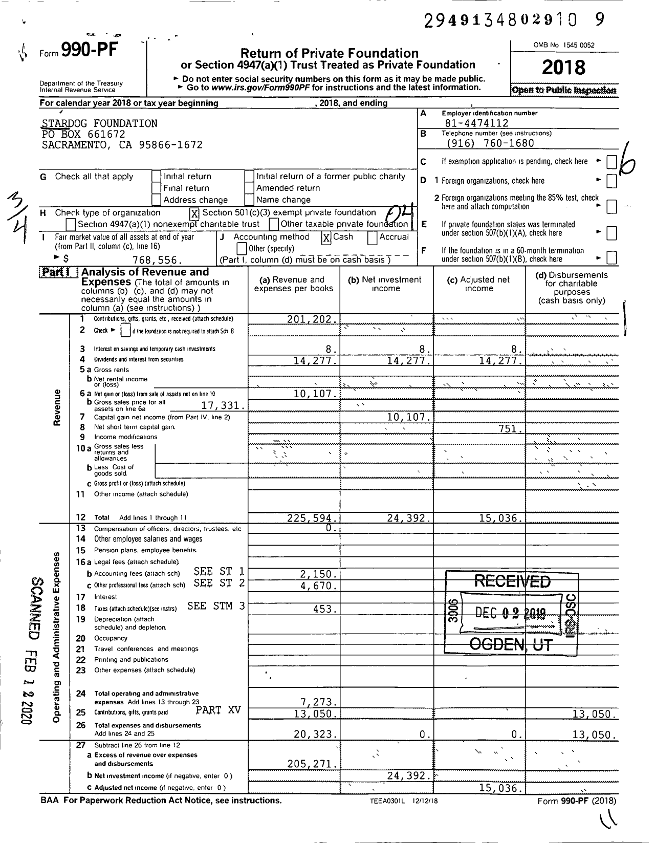 Image of first page of 2018 Form 990PF for Stardog Foundation