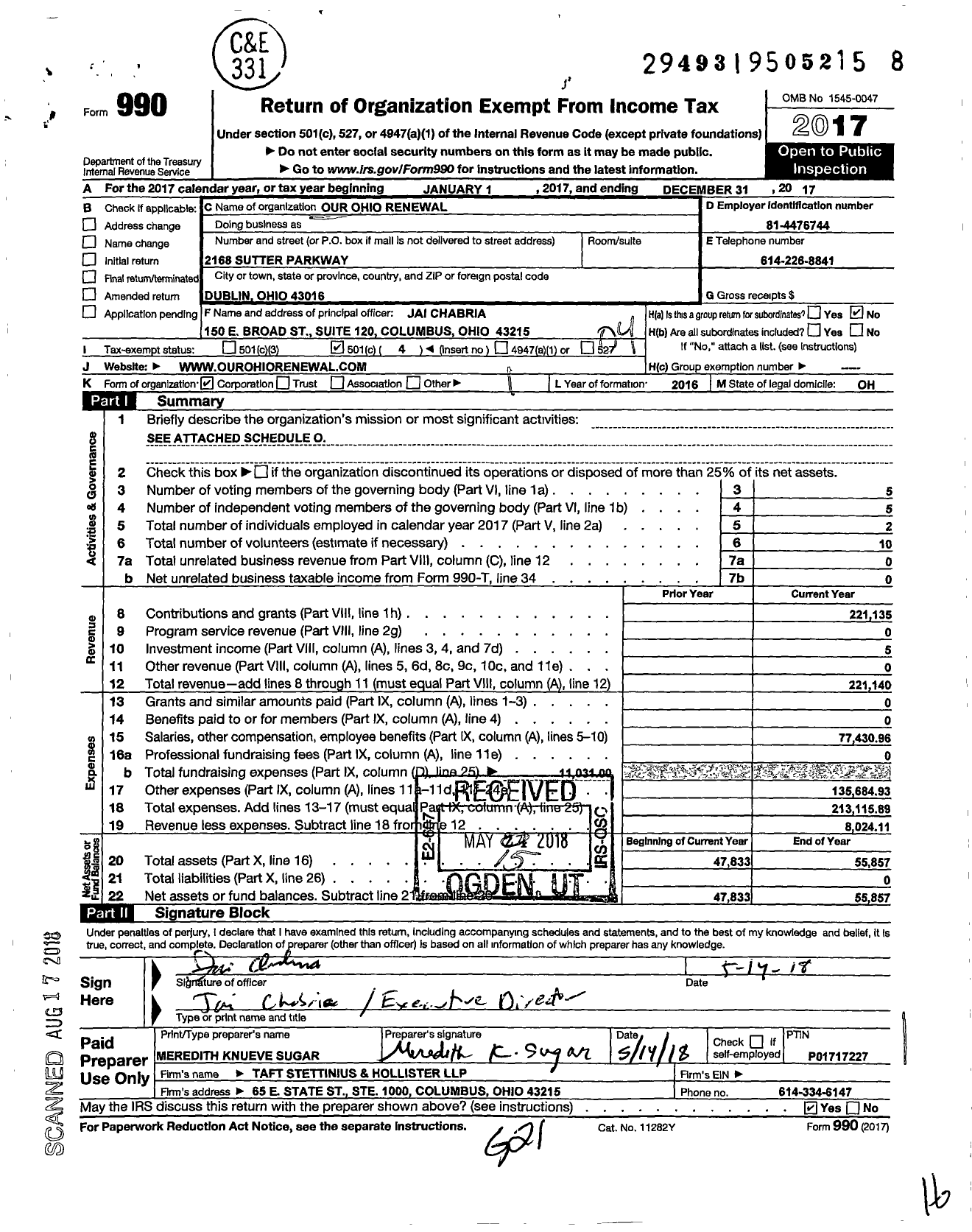 Image of first page of 2017 Form 990O for Our Ohio Renewal