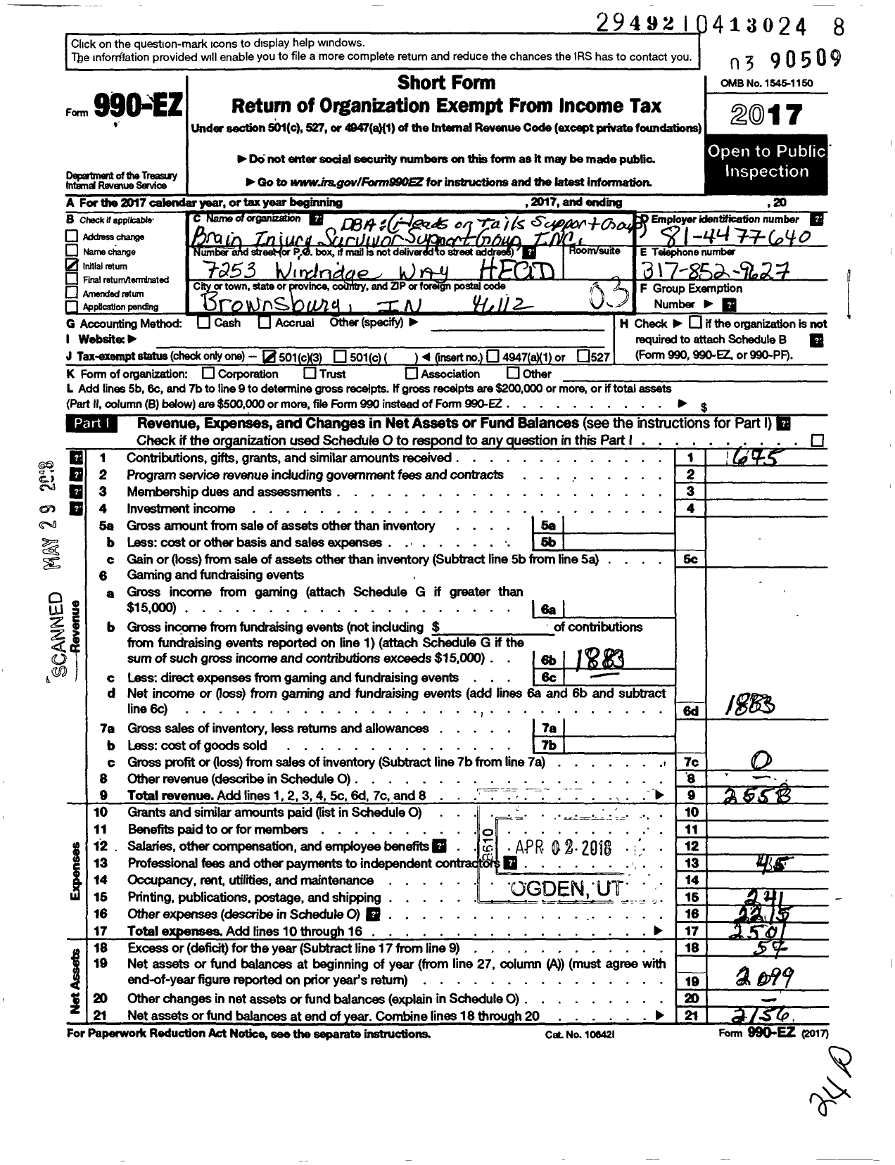 Image of first page of 2017 Form 990EZ for Heads Or Tails Support of Indiana