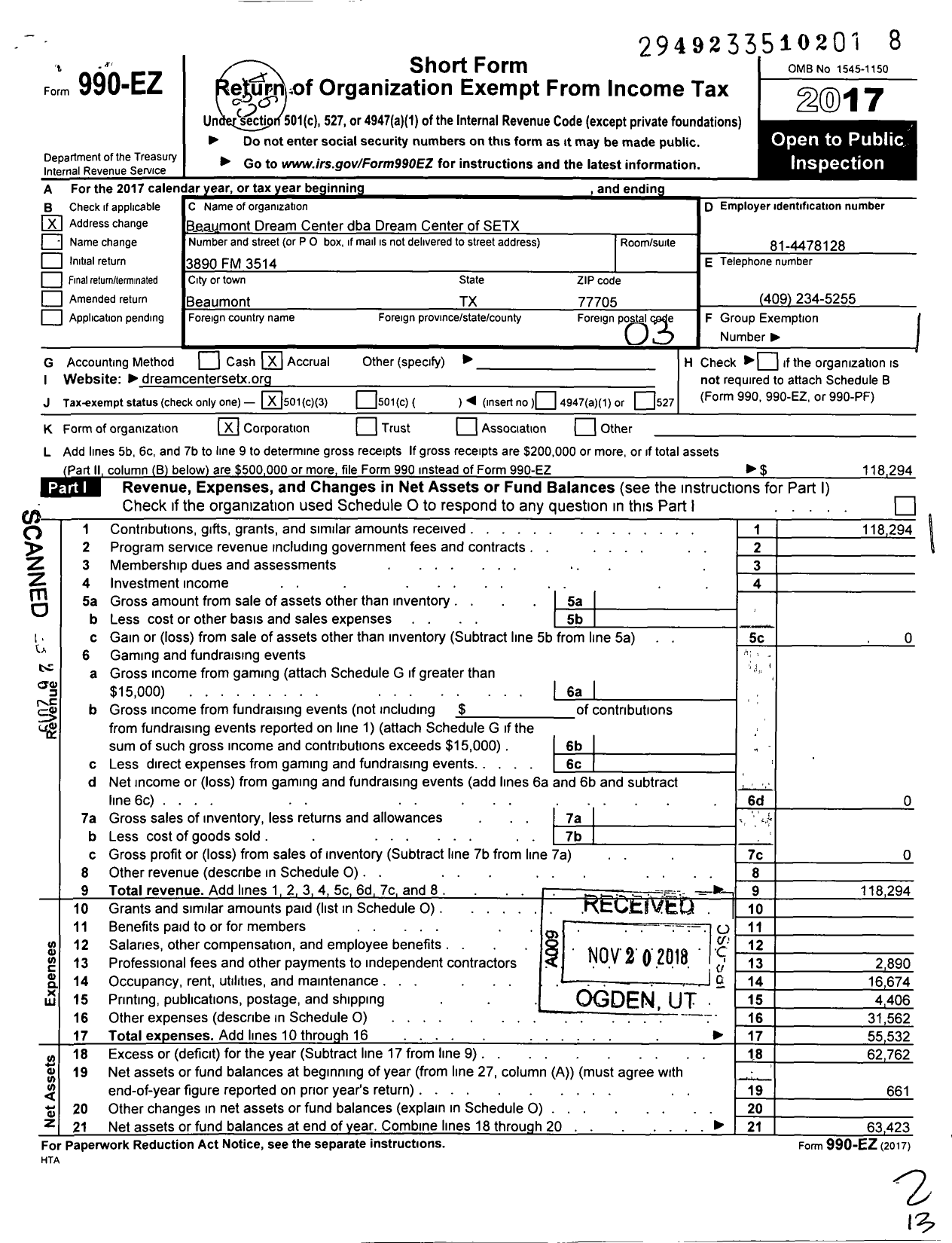 Image of first page of 2017 Form 990EZ for Dream Center of Setx