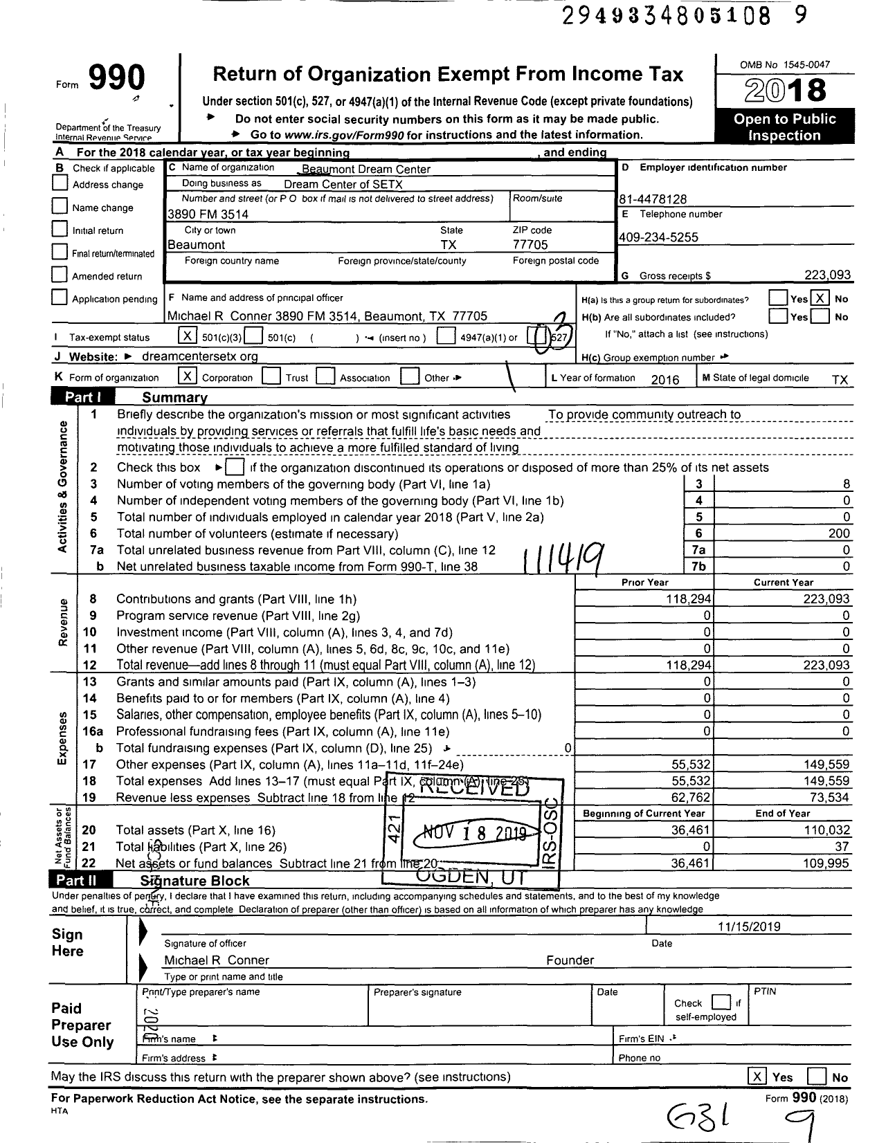 Image of first page of 2018 Form 990 for Dream Center of Setx