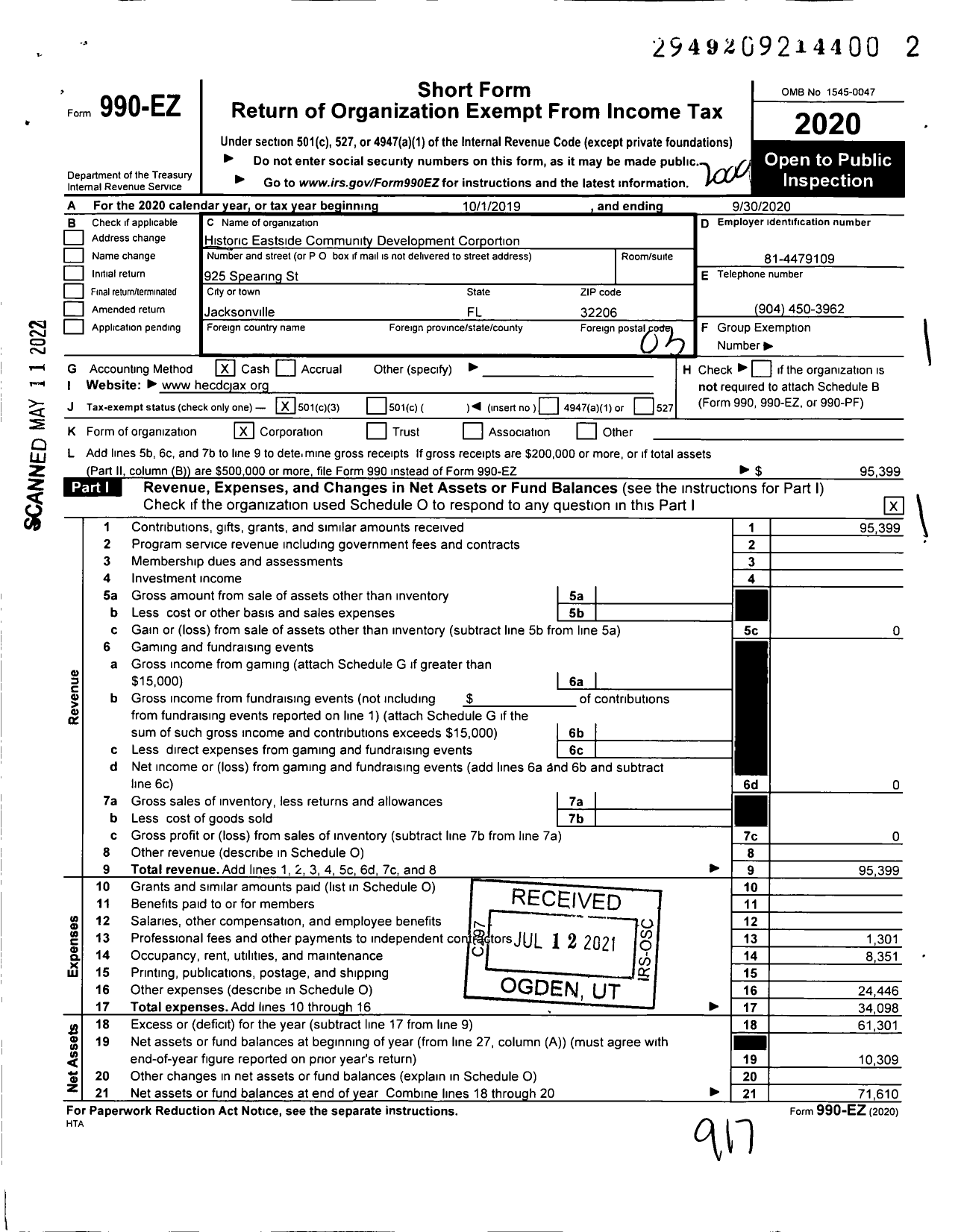 Image of first page of 2019 Form 990EZ for Historic Eastside Community Development Corporation