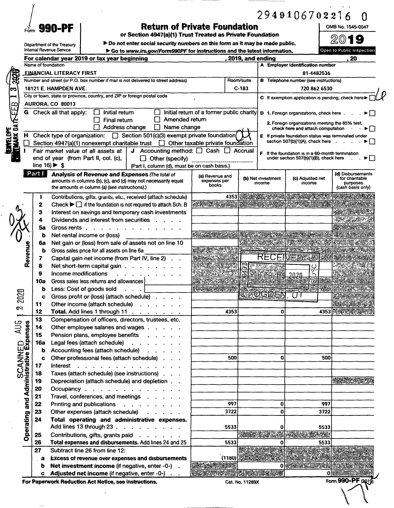 Image of first page of 2019 Form 990PR for Financial Literacy First